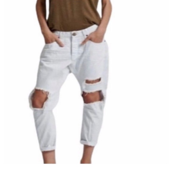 One Teaspoon Saints Long Rise Low Waist Distressed Baggy White Denim Jeans 24 - Picture 1 of 8